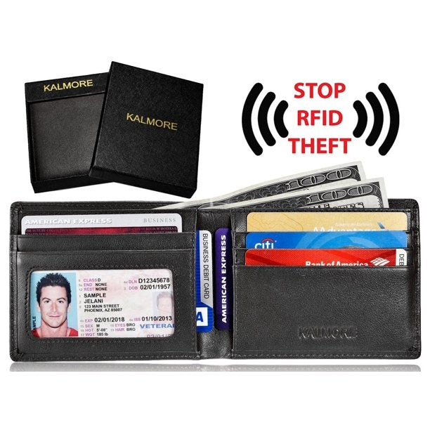 men's rfid blocking id window multi-card travel bifold genuine leather pocket wallet - in gift box