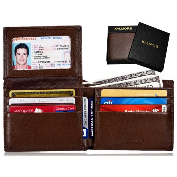 men's rfid blocking id window multi-card travel bifold genuine leather pocket wallet - in gift box