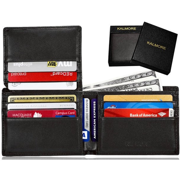 KALMORE Men's Genuine Leather RFID Blocking Flip-ID Window Travel Bifold Wallet - in Gift Box