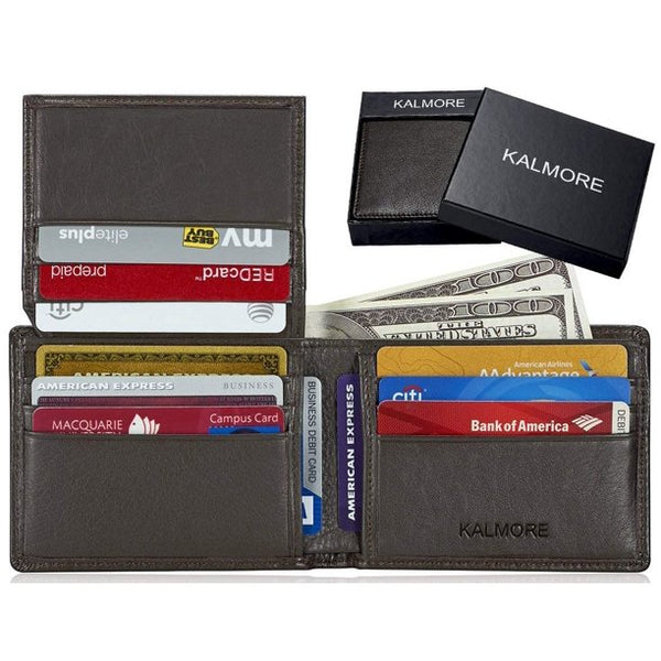 KALMORE Men's Genuine Leather RFID Blocking Flip-ID Window Travel Bifold Wallet - in Gift Box