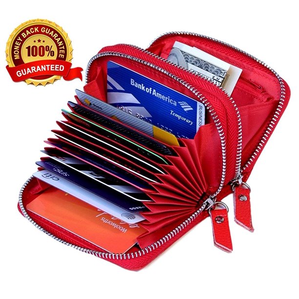 Women's Genuine Leather RFID Secure Spacious Cute Double-Zipper Card Wallet Small Purse with ID Window Clothing