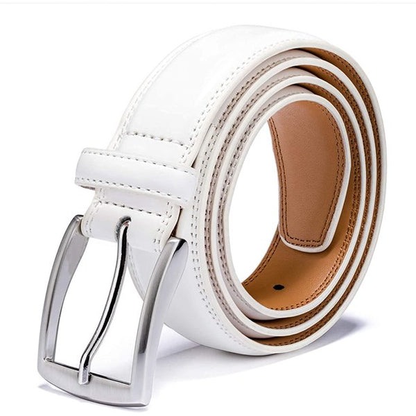 Men's Genuine Leather Dress Belt with Classic Fashion Design for Work Business and Casual (White)